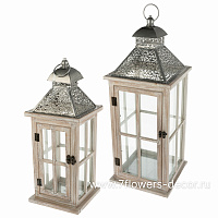 Фонарь (дерево, стекло), 25x25xH68 см, 16x16xH42 см, набор (2 шт) - фото 1