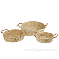 Кашпо плетеное с ручками (трава), D30xH8/14 см - D20xH6/12 см, набор (3 шт) - фото 1