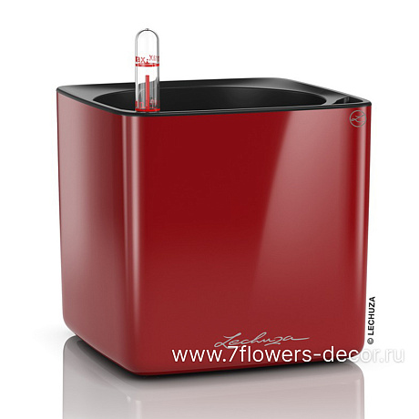 Кашпо Lechuza "Cube Glossy Complete scarlet red high gloss" (пластик), 14x14xH14 см