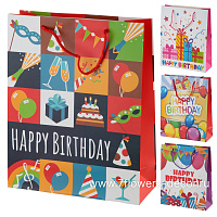 Набор пакетов подарочных "С днем рождения", 26x10xH32 см (12шт), в асс. - фото 1