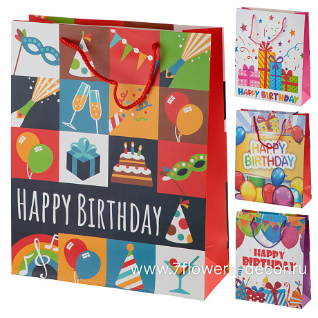 Набор пакетов подарочных С днем рождения, 26x10xH32 см (12шт), в асс. - фото 1