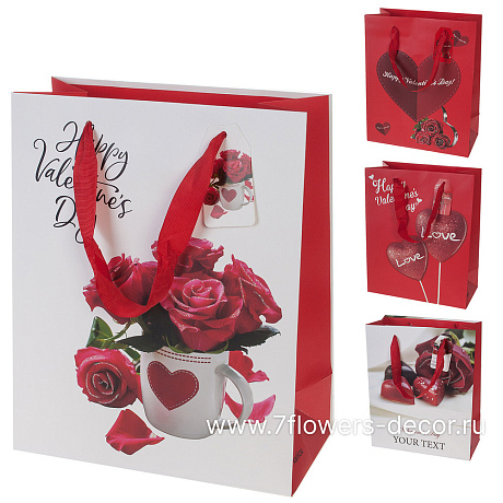 Набор пакетов подарочных Valentine day, 26x12,5xH32 см (12шт), в асс. - фото 1