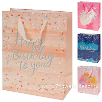 Пакет подарочный "Happy Birthday" (бумага), 26x12,5xH32 см, набор (12 шт), в асс. - фото 1