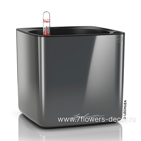 Кашпо Lechuza Cube Glossy Complete charcoal highgloss (пластик), 17x17xH16 см - фото 1