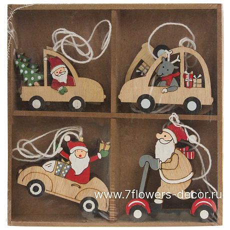Набор елочных игрушек Санта на машине, Санта на самокате (дерево), 13хН13 см, (8 шт), в асс. - фото 1