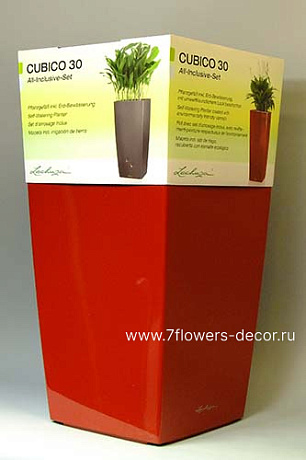 Кашпо Lechuza Cubico Complete scarlet red high gloss (пластик), 30x30xH56 см - фото 2
