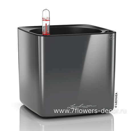 Кашпо Lechuza Cube Glossy Complete charcoal highgloss (пластик), 14x14xH14 см - фото 1